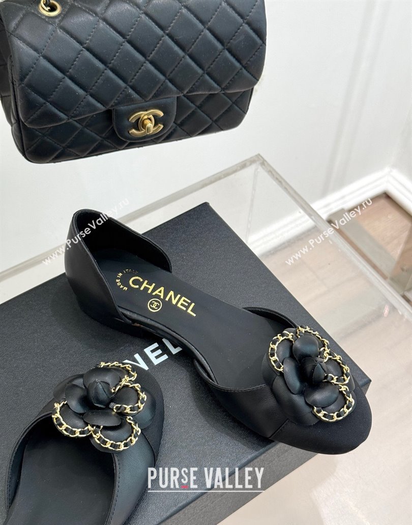 Chanel Lambskin Open Flats Shoes with Camellia Bloom and Chain Black 2025 CH030306 (MD-250303063)