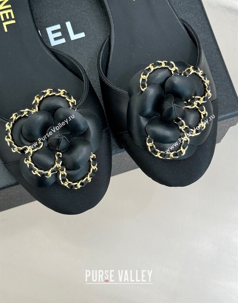 Chanel Lambskin Open Flats Shoes with Camellia Bloom and Chain Black 2025 CH030306 (MD-250303063)