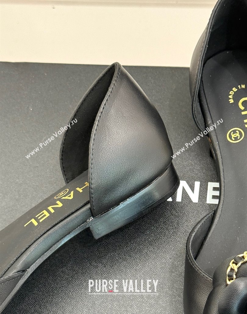 Chanel Lambskin Open Flats Shoes with Camellia Bloom and Chain Black 2025 CH030306 (MD-250303063)