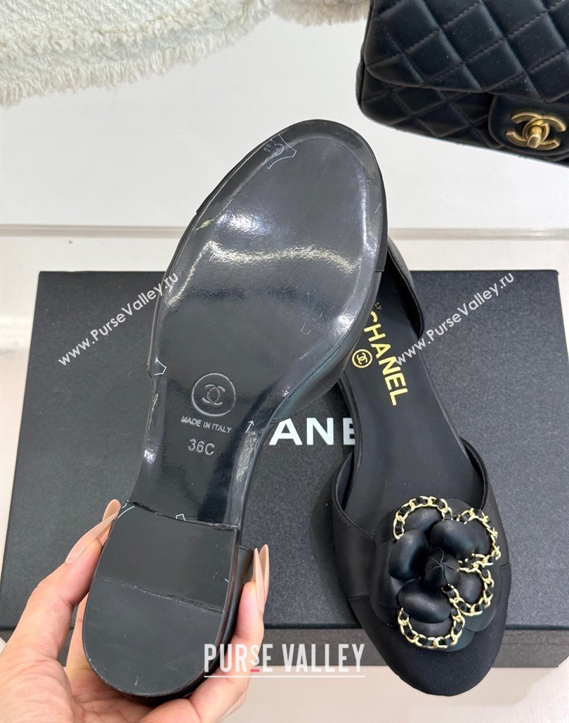 Chanel Lambskin Open Flats Shoes with Camellia Bloom and Chain Black 2025 CH030306 (MD-250303063)