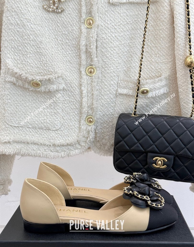 Chanel Lambskin Open Flats Shoes with Camellia Bloom and Chain Beige 2025 CH030306 (MD-250303064)