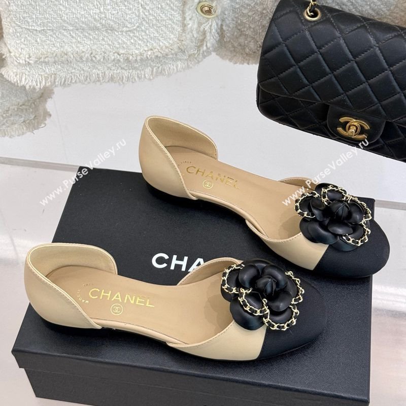 Chanel Lambskin Open Flats Shoes with Camellia Bloom and Chain Beige 2025 CH030306 (MD-250303064)