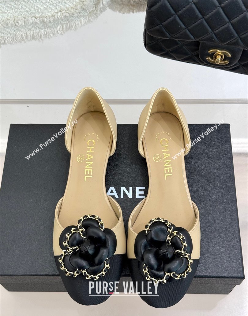 Chanel Lambskin Open Flats Shoes with Camellia Bloom and Chain Beige 2025 CH030306 (MD-250303064)