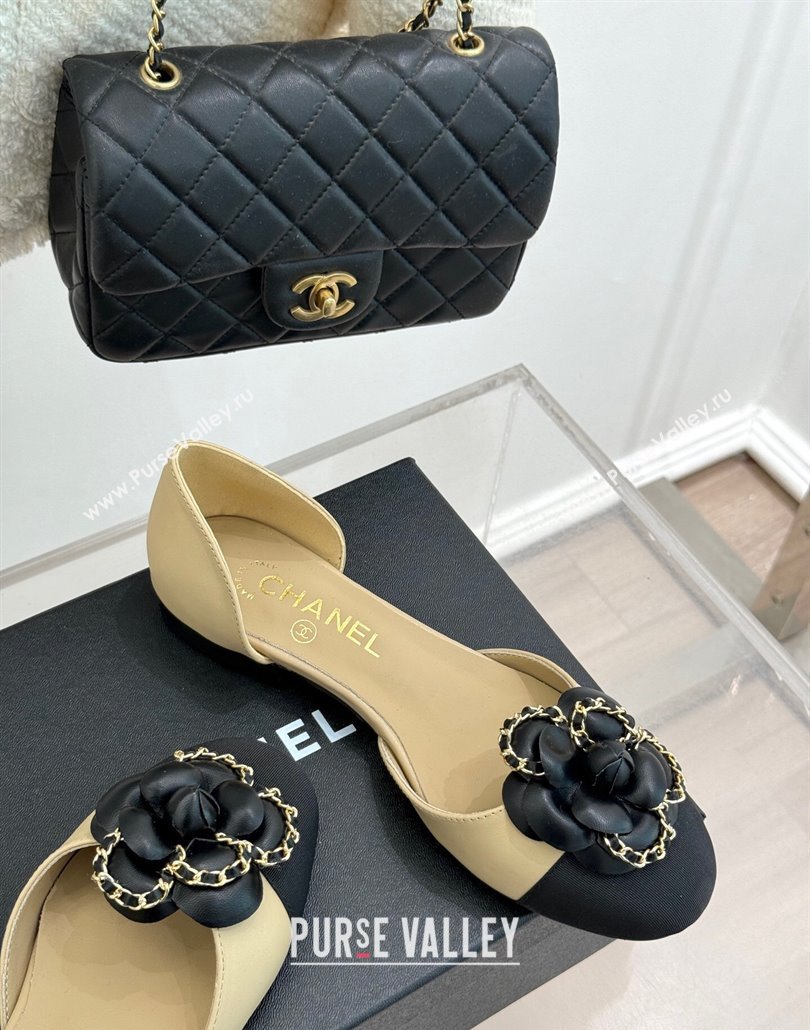 Chanel Lambskin Open Flats Shoes with Camellia Bloom and Chain Beige 2025 CH030306 (MD-250303064)