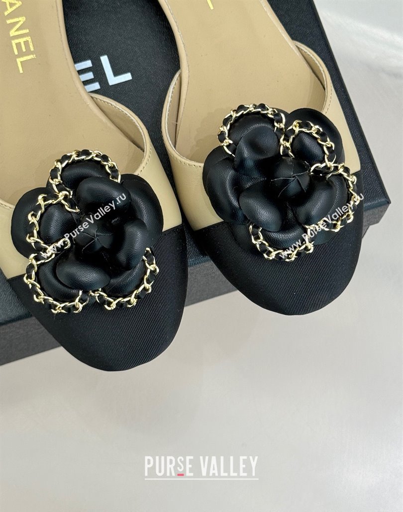 Chanel Lambskin Open Flats Shoes with Camellia Bloom and Chain Beige 2025 CH030306 (MD-250303064)