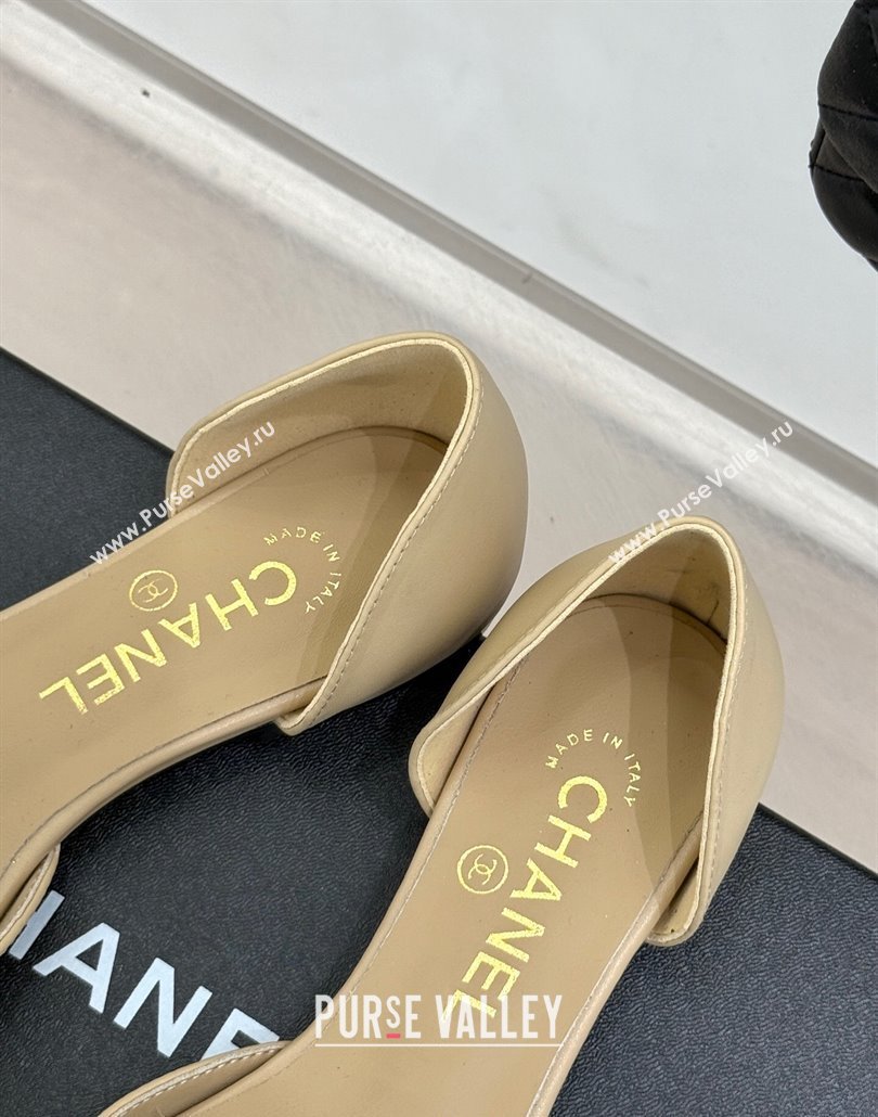 Chanel Lambskin Open Flats Shoes with Camellia Bloom and Chain Beige 2025 CH030306 (MD-250303064)