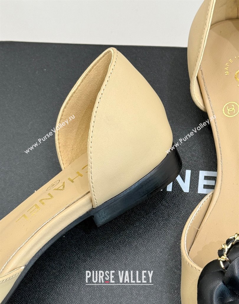 Chanel Lambskin Open Flats Shoes with Camellia Bloom and Chain Beige 2025 CH030306 (MD-250303064)