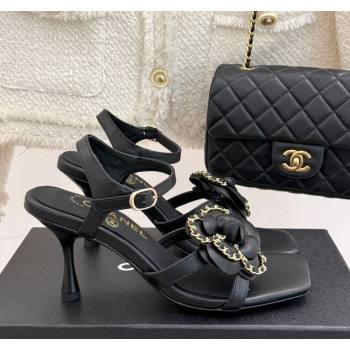 Chanel Lambskin Heel Sandals 7.5cm with Camellia Bloom and Chain Black 2025 CH030306 (MD-250303066)