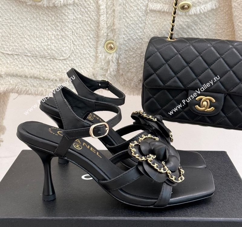 Chanel Lambskin Heel Sandals 7.5cm with Camellia Bloom and Chain Black 2025 CH030306 (MD-250303066)