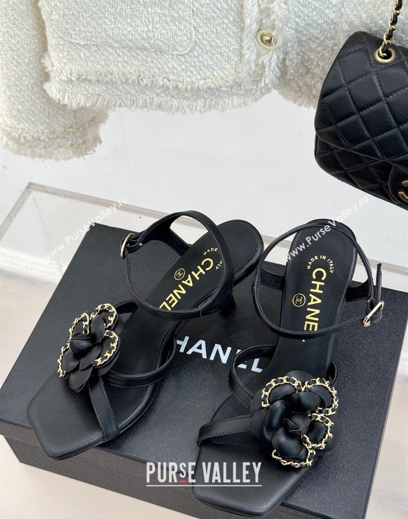 Chanel Lambskin Heel Sandals 7.5cm with Camellia Bloom and Chain Black 2025 CH030306 (MD-250303066)