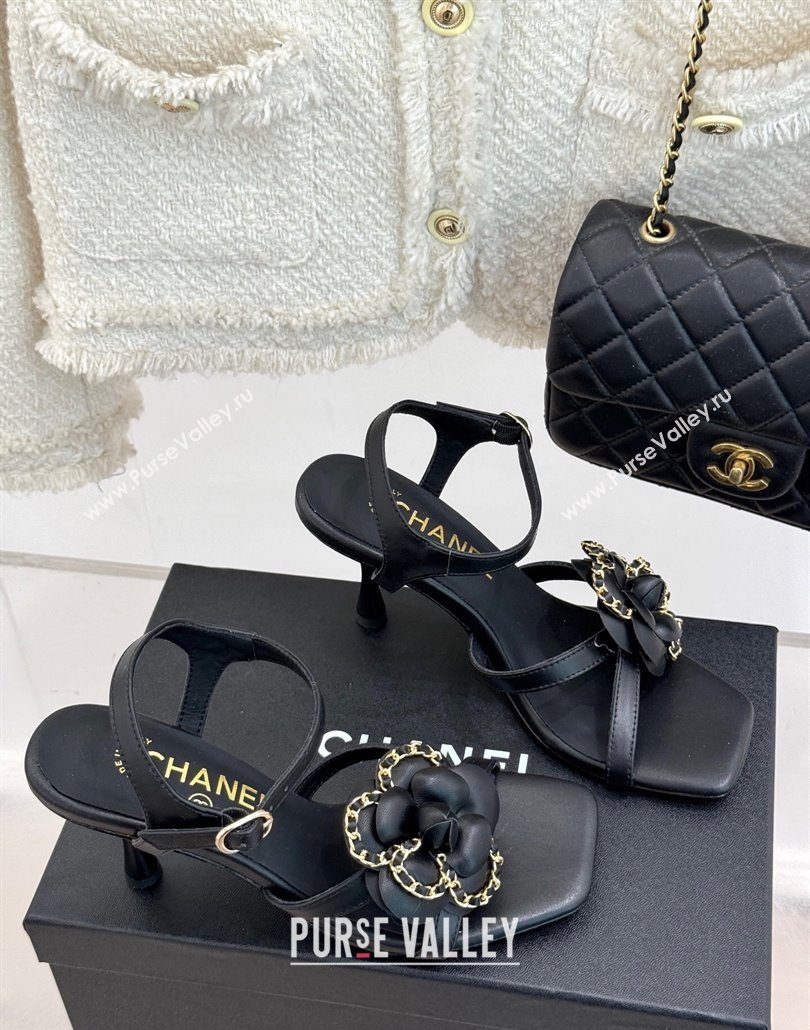 Chanel Lambskin Heel Sandals 7.5cm with Camellia Bloom and Chain Black 2025 CH030306 (MD-250303066)