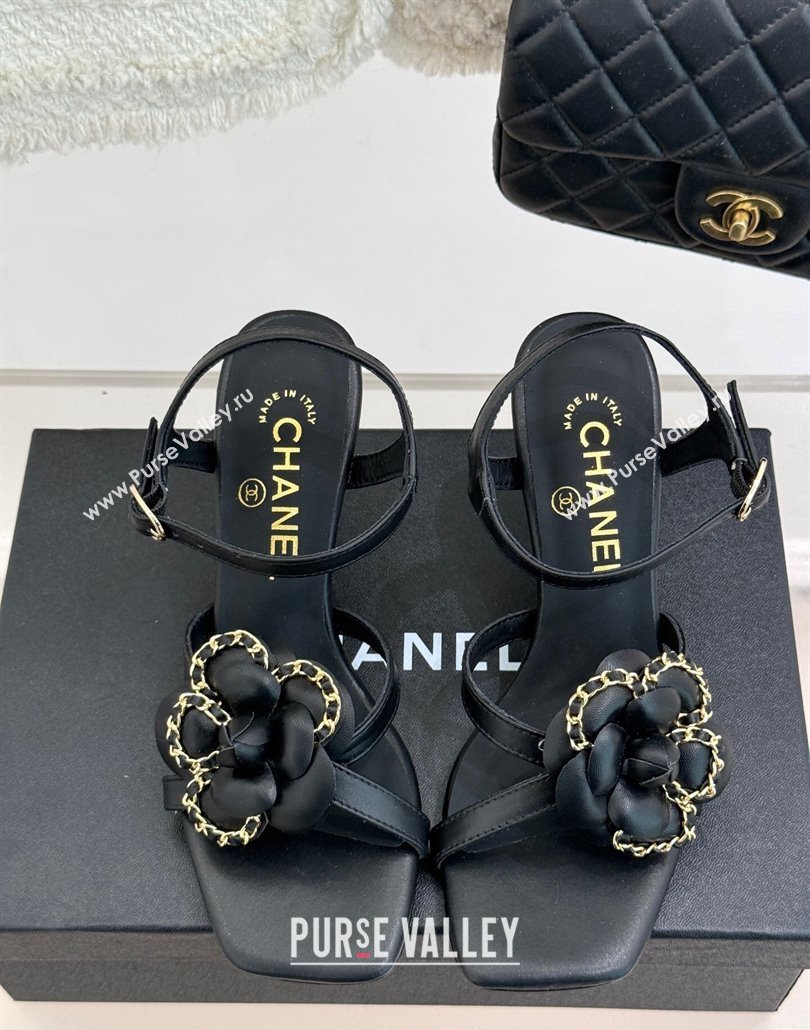 Chanel Lambskin Heel Sandals 7.5cm with Camellia Bloom and Chain Black 2025 CH030306 (MD-250303066)