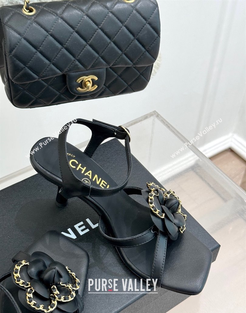 Chanel Lambskin Heel Sandals 7.5cm with Camellia Bloom and Chain Black 2025 CH030306 (MD-250303066)