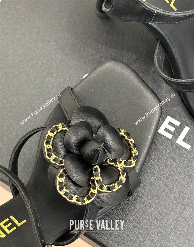 Chanel Lambskin Heel Sandals 7.5cm with Camellia Bloom and Chain Black 2025 CH030306 (MD-250303066)