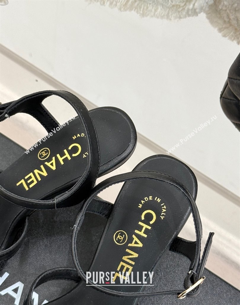 Chanel Lambskin Heel Sandals 7.5cm with Camellia Bloom and Chain Black 2025 CH030306 (MD-250303066)