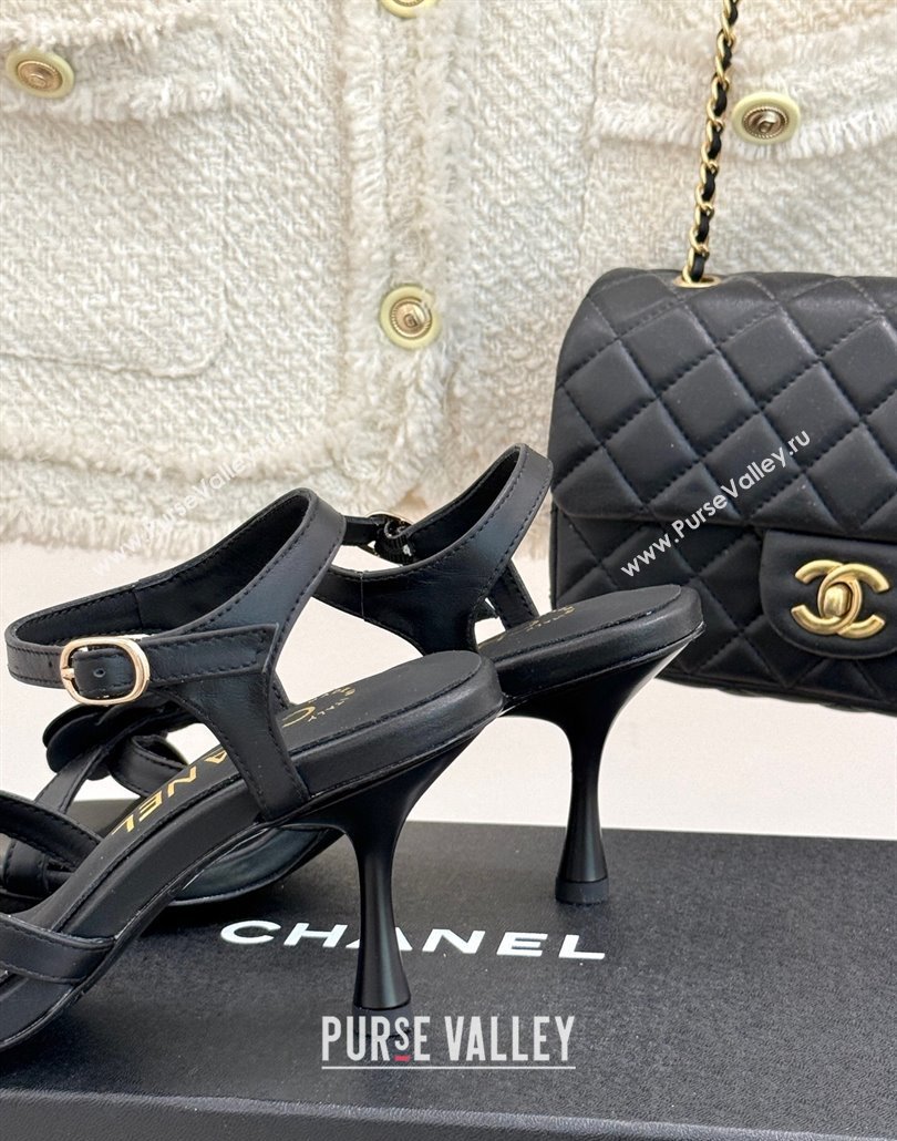 Chanel Lambskin Heel Sandals 7.5cm with Camellia Bloom and Chain Black 2025 CH030306 (MD-250303066)