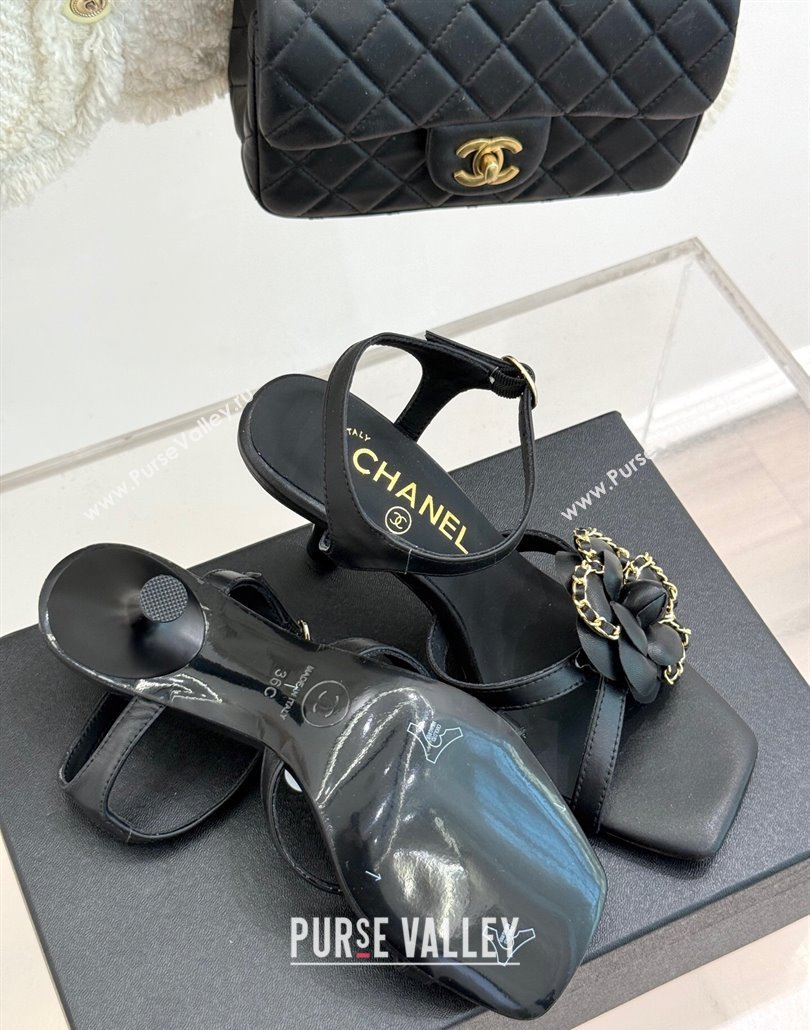 Chanel Lambskin Heel Sandals 7.5cm with Camellia Bloom and Chain Black 2025 CH030306 (MD-250303066)
