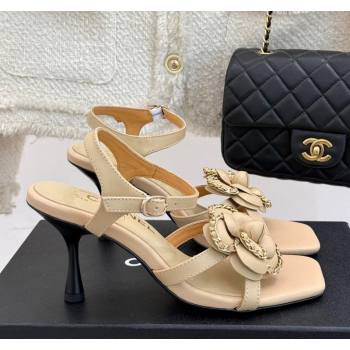 Chanel Lambskin Heel Sandals 7.5cm with Camellia Bloom and Chain Beige 2025 CH030306 (MD-250303067)