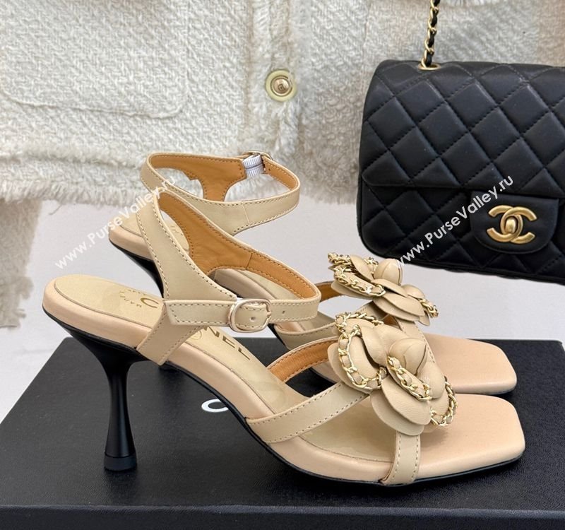 Chanel Lambskin Heel Sandals 7.5cm with Camellia Bloom and Chain Beige 2025 CH030306 (MD-250303067)
