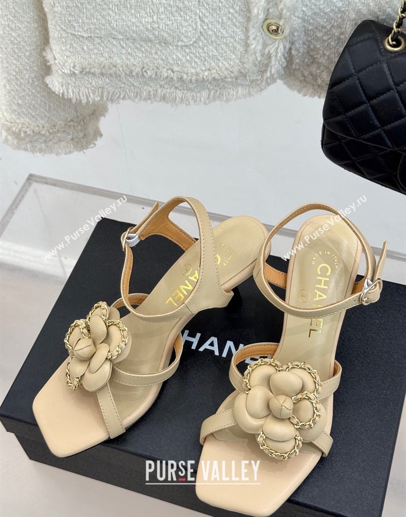 Chanel Lambskin Heel Sandals 7.5cm with Camellia Bloom and Chain Beige 2025 CH030306 (MD-250303067)