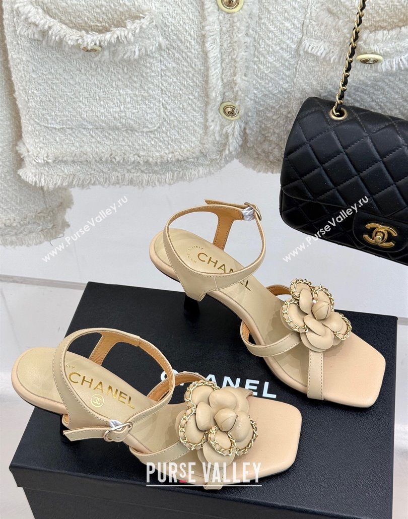 Chanel Lambskin Heel Sandals 7.5cm with Camellia Bloom and Chain Beige 2025 CH030306 (MD-250303067)