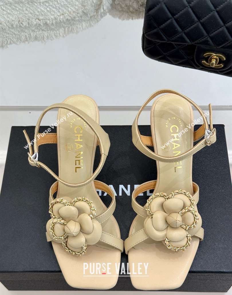 Chanel Lambskin Heel Sandals 7.5cm with Camellia Bloom and Chain Beige 2025 CH030306 (MD-250303067)