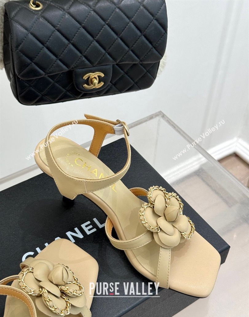Chanel Lambskin Heel Sandals 7.5cm with Camellia Bloom and Chain Beige 2025 CH030306 (MD-250303067)