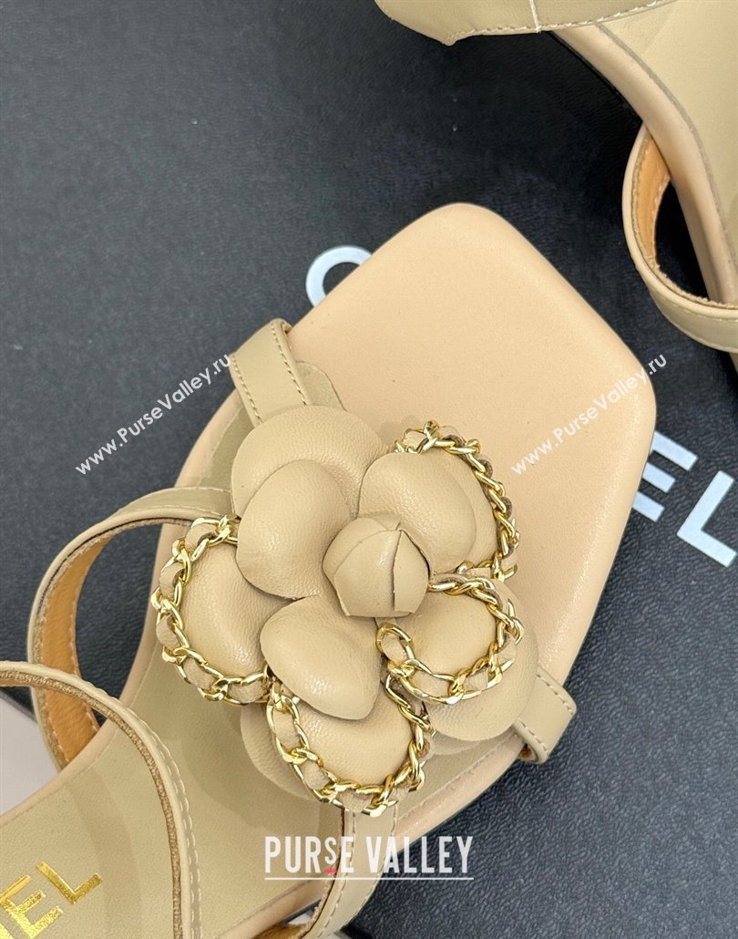 Chanel Lambskin Heel Sandals 7.5cm with Camellia Bloom and Chain Beige 2025 CH030306 (MD-250303067)