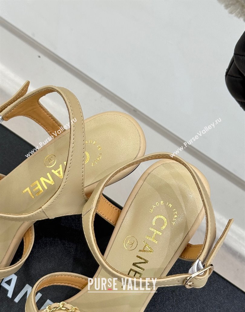 Chanel Lambskin Heel Sandals 7.5cm with Camellia Bloom and Chain Beige 2025 CH030306 (MD-250303067)
