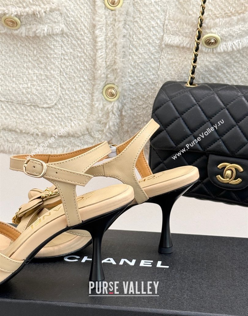 Chanel Lambskin Heel Sandals 7.5cm with Camellia Bloom and Chain Beige 2025 CH030306 (MD-250303067)