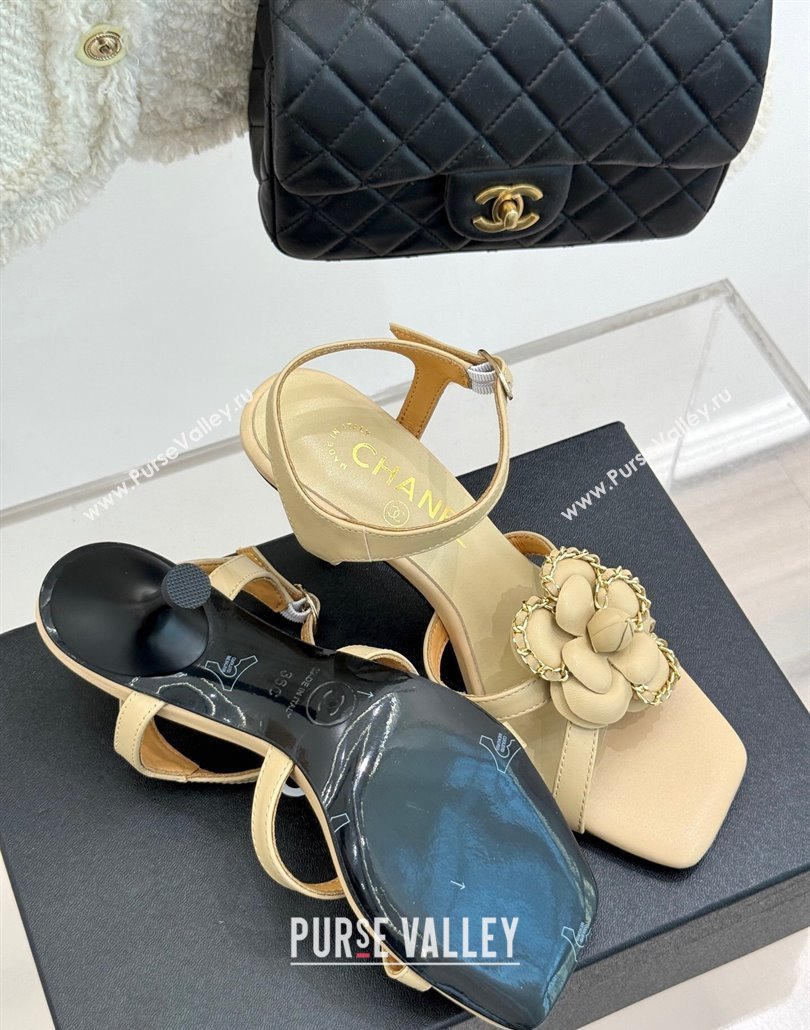 Chanel Lambskin Heel Sandals 7.5cm with Camellia Bloom and Chain Beige 2025 CH030306 (MD-250303067)
