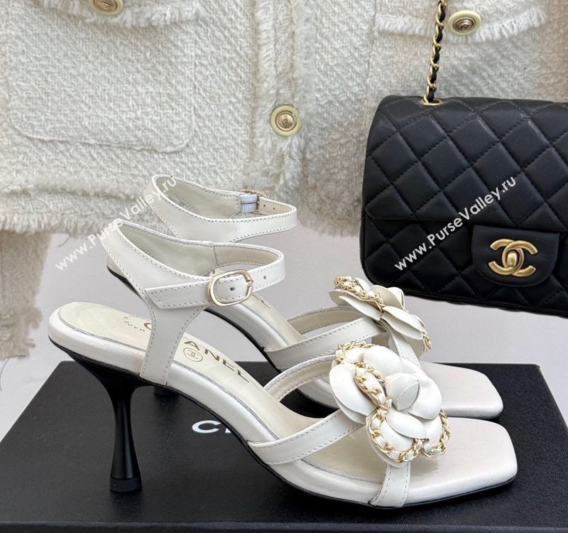 Chanel Lambskin Heel Sandals 7.5cm with Camellia Bloom and Chain White 2025 CH030306 (MD-250303068)