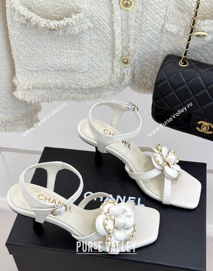 Chanel Lambskin Heel Sandals 7.5cm with Camellia Bloom and Chain White 2025 CH030306 (MD-250303068)