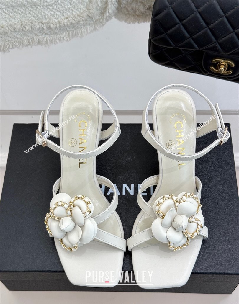 Chanel Lambskin Heel Sandals 7.5cm with Camellia Bloom and Chain White 2025 CH030306 (MD-250303068)