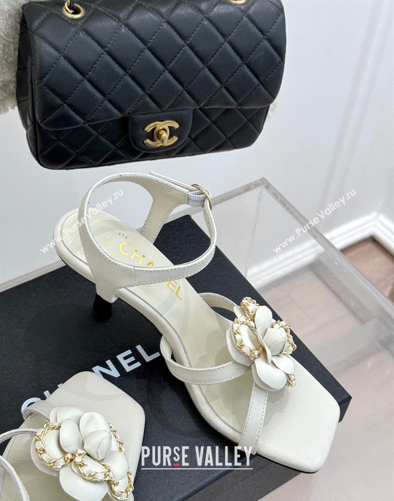 Chanel Lambskin Heel Sandals 7.5cm with Camellia Bloom and Chain White 2025 CH030306 (MD-250303068)