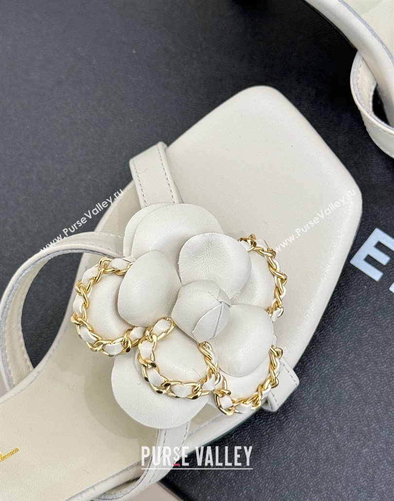 Chanel Lambskin Heel Sandals 7.5cm with Camellia Bloom and Chain White 2025 CH030306 (MD-250303068)