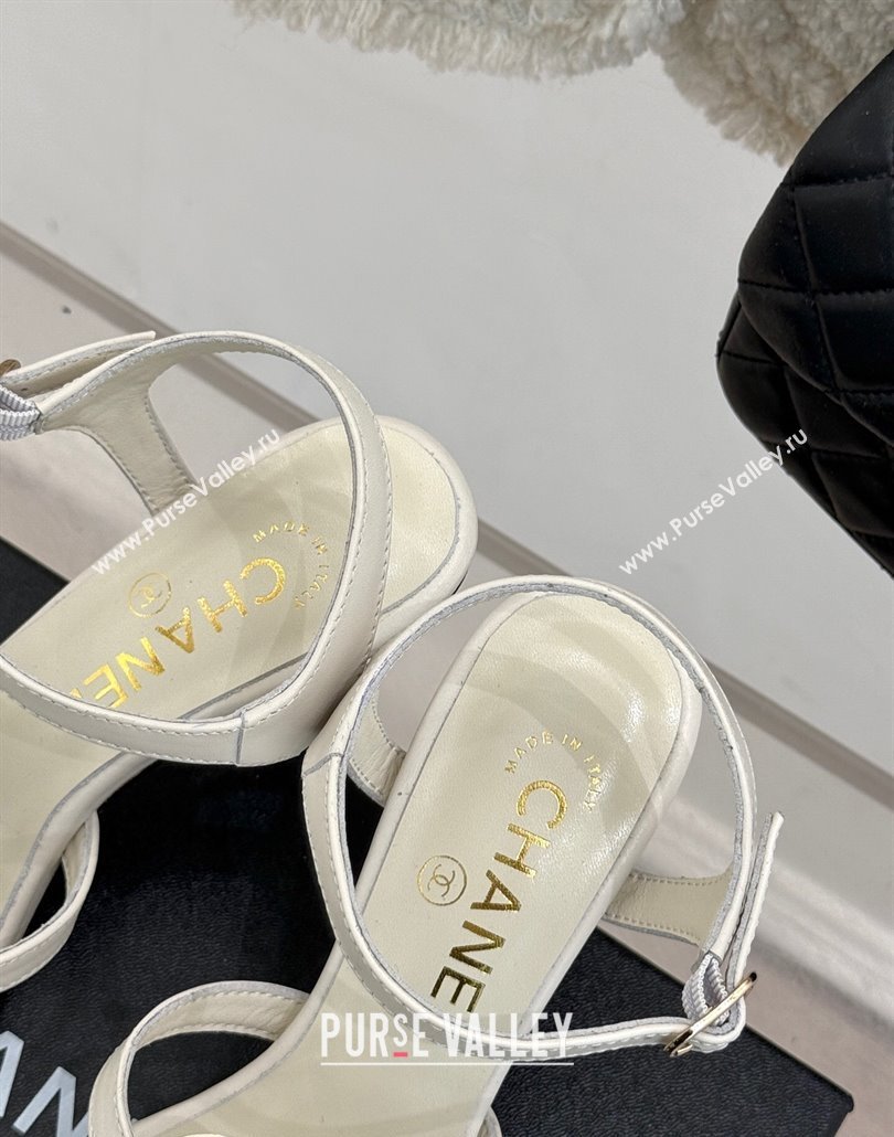 Chanel Lambskin Heel Sandals 7.5cm with Camellia Bloom and Chain White 2025 CH030306 (MD-250303068)