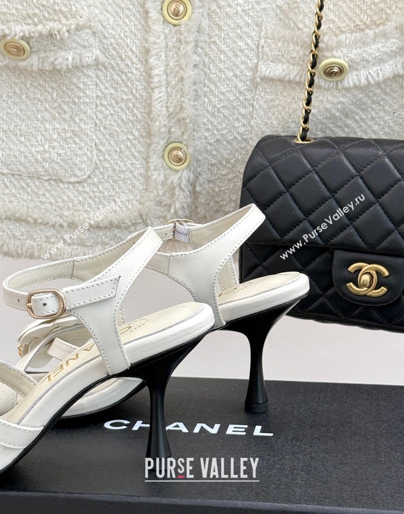 Chanel Lambskin Heel Sandals 7.5cm with Camellia Bloom and Chain White 2025 CH030306 (MD-250303068)