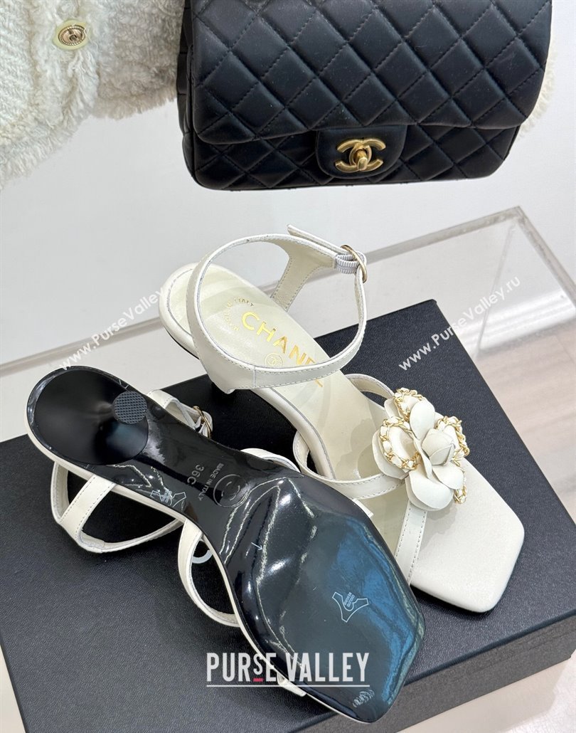 Chanel Lambskin Heel Sandals 7.5cm with Camellia Bloom and Chain White 2025 CH030306 (MD-250303068)