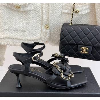 Chanel Lambskin Heel Sandals 5.cm with Camellia Bloom and Chain Black 2025 CH030306 (MD-250303069)