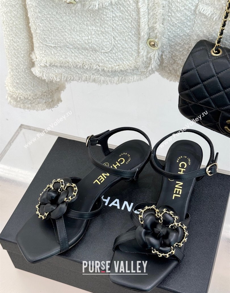 Chanel Lambskin Heel Sandals 5.cm with Camellia Bloom and Chain Black 2025 CH030306 (MD-250303069)