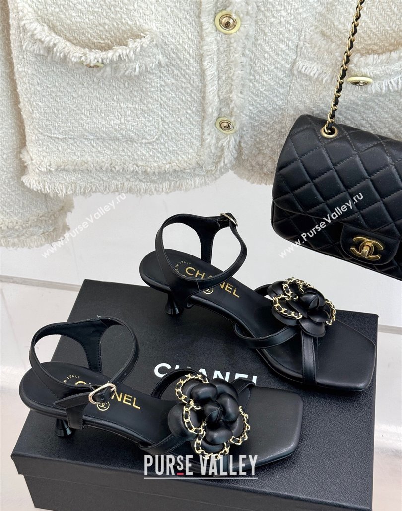 Chanel Lambskin Heel Sandals 5.cm with Camellia Bloom and Chain Black 2025 CH030306 (MD-250303069)