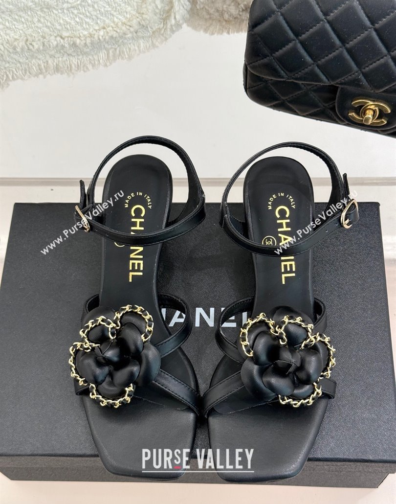 Chanel Lambskin Heel Sandals 5.cm with Camellia Bloom and Chain Black 2025 CH030306 (MD-250303069)