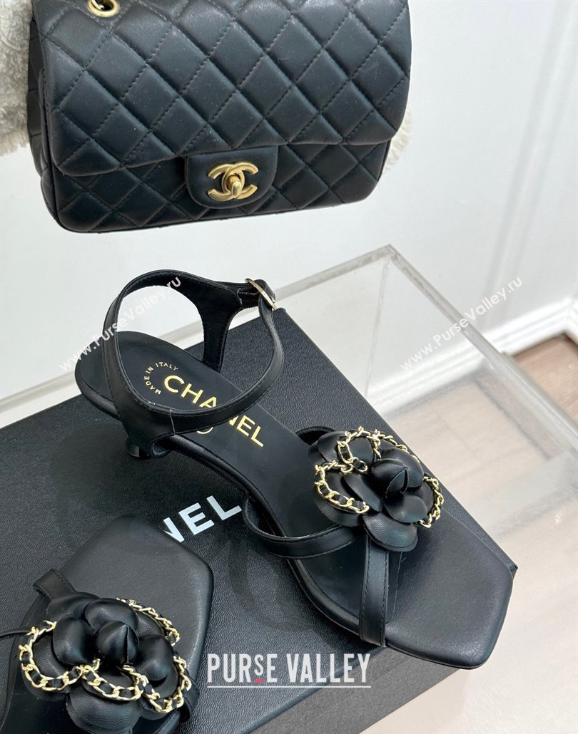 Chanel Lambskin Heel Sandals 5.cm with Camellia Bloom and Chain Black 2025 CH030306 (MD-250303069)