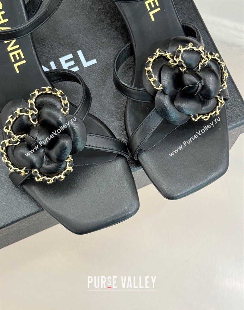 Chanel Lambskin Heel Sandals 5.cm with Camellia Bloom and Chain Black 2025 CH030306 (MD-250303069)