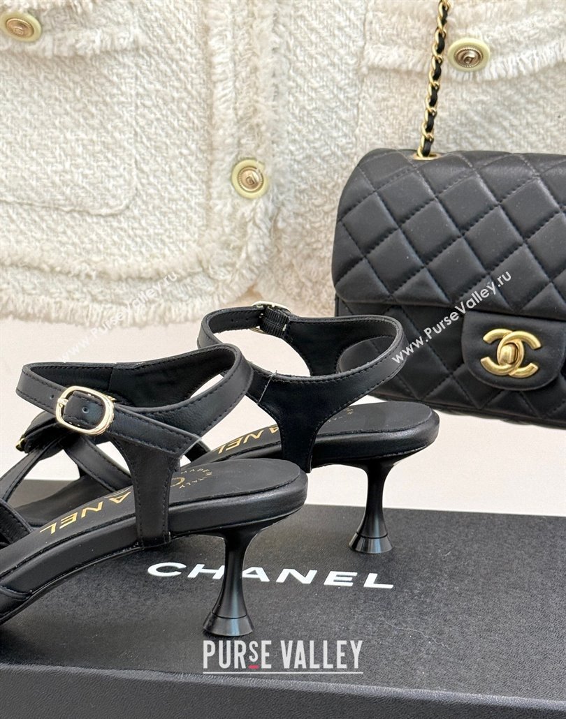 Chanel Lambskin Heel Sandals 5.cm with Camellia Bloom and Chain Black 2025 CH030306 (MD-250303069)