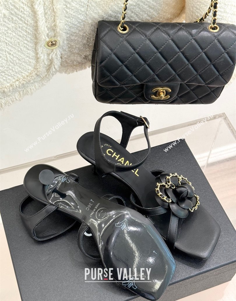 Chanel Lambskin Heel Sandals 5.cm with Camellia Bloom and Chain Black 2025 CH030306 (MD-250303069)