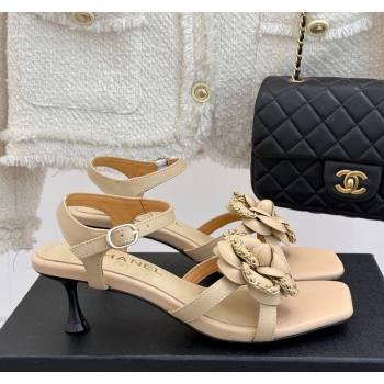 Chanel Lambskin Heel Sandals 5.cm with Camellia Bloom and Chain Beige 2025 CH030306 (MD-250303070)