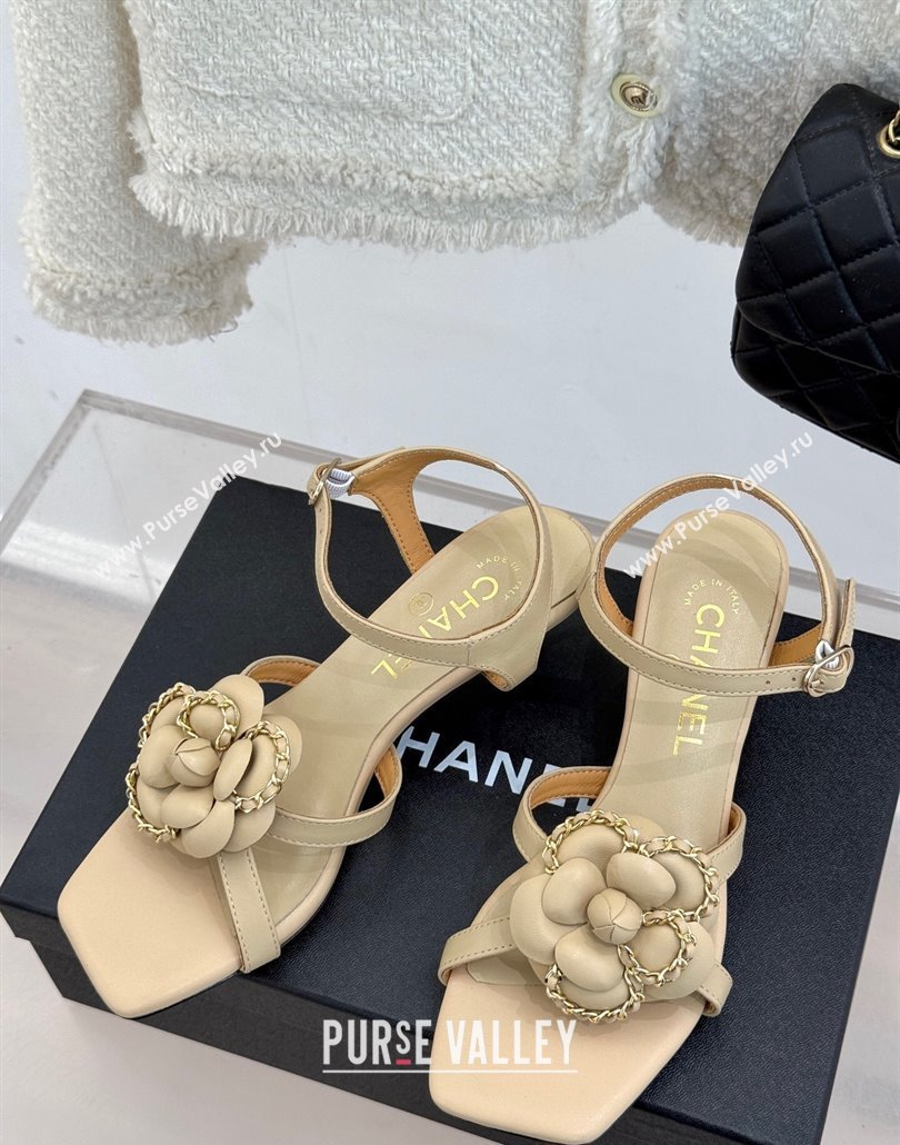 Chanel Lambskin Heel Sandals 5.cm with Camellia Bloom and Chain Beige 2025 CH030306 (MD-250303070)