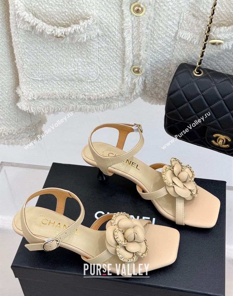 Chanel Lambskin Heel Sandals 5.cm with Camellia Bloom and Chain Beige 2025 CH030306 (MD-250303070)